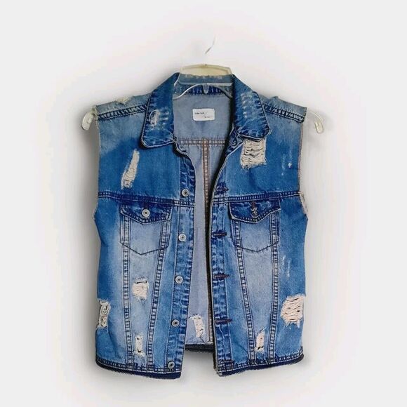 Jean Sen Distressed Destroyed Denim Vest Zipper Hem Women Size Small - Picture 1 of 4